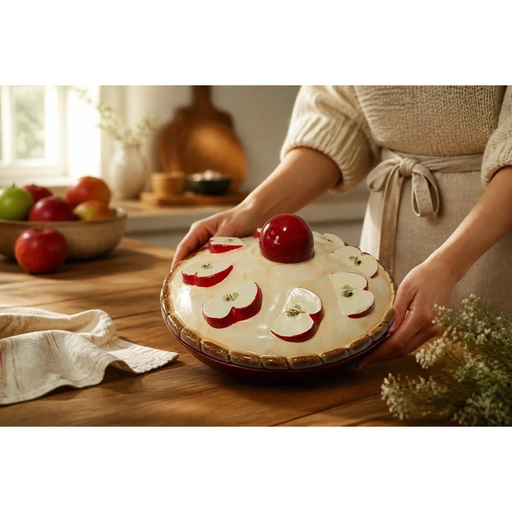Farmhouse Apple Pie Baker Covered Ceramic Pie Plate Portugal Style 2-piece Set